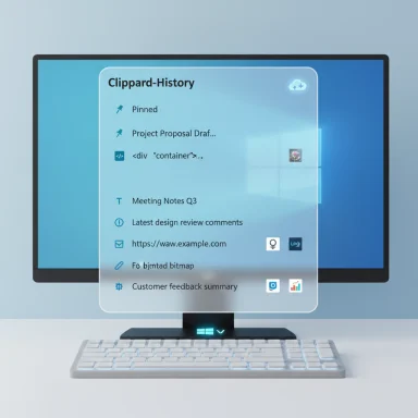 Desktop setup featuring a translucent Clippard-History notes panel floating over the monitor.
