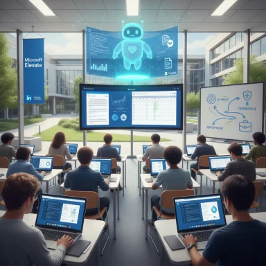 A futuristic classroom where students use laptops while a holographic robot appears on a central screen.