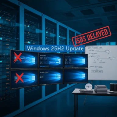 Server room with multiple Windows screens showing red X marks and a sign about Windows 25H2 update delay.