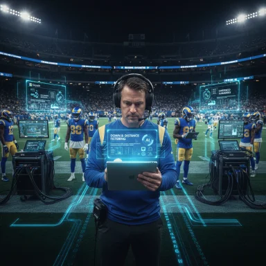 Futuristic football coach uses AR HUDs and a tablet to analyze plays on the sideline.