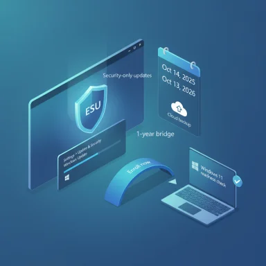 Isometric scene showing ESU security updates, cloud backup, and Windows 11 readiness with a 1-year bridge.