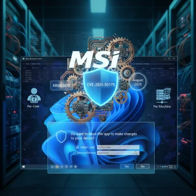 MSI security dashboard overlays a server rack, showing a CVE-2025-50173 patch and admin login prompt.