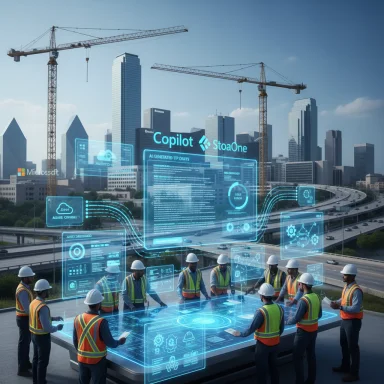 Construction crew wearing hard hats uses large holographic digital plans over a city site.