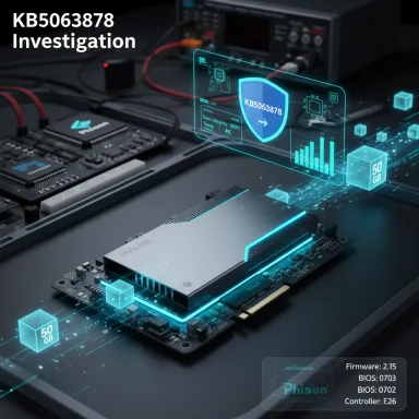 Futuristic hardware setup with an NVMe SSD and holographic data overlay labeled KB5063878 Investigation.