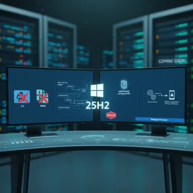 Futuristic data-center with twin monitors showing software diagrams and a glowing 25H2 Windows graphic.
