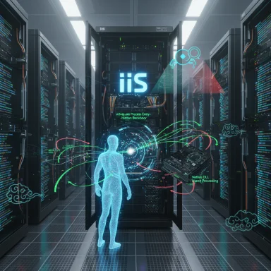 A holographic human figure interfaces with glowing servers in a high-tech data center.