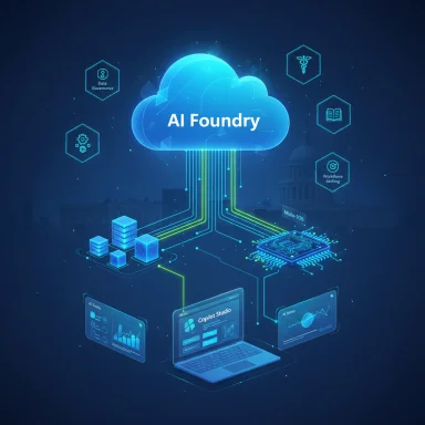 A glowing AI Foundry cloud connects servers and laptops with neon data lines.