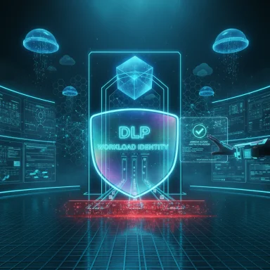 A neon holographic shield labeled DLP Workload Identity floats above a futuristic data room.