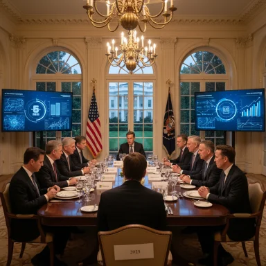 A high-level meeting around a long table in a grand room, flanked by US and presidential flags.