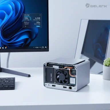 A compact mini PC with open side panel displaying its heatsink and fan.