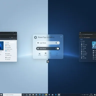 Split desktop with a centered PowerToys Scheduler panel and side app windows.