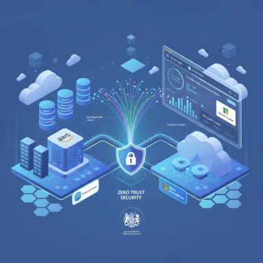 Zero-trust security concept for cloud infrastructure with data centers and a shield.
