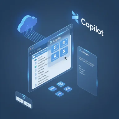 Futuristic Copilot holographic UI connected to the cloud with floating panels.