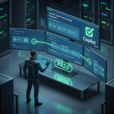 A technician monitors Copilot dashboards on multiple screens in a futuristic server room, with a glowing PASS sign.