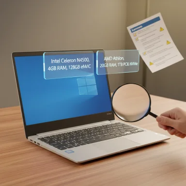 A laptop on a desk with floating translucent panels showing Intel and AMD processor specs.