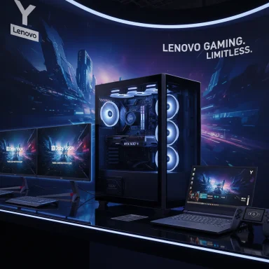 Lenovo gaming setup with a glass PC tower, RGB-lit fans, dual monitors, and a laptop.