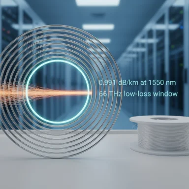 Fiber optic coil in a lab, showing the 66 THz low-loss window at 1550 nm.