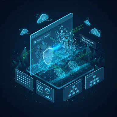 A futuristic holographic laptop interface showcasing cyber security with shields, fingerprints, and data streams.