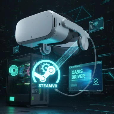 Futuristic VR setup with headset and holographic SteamVR interface.