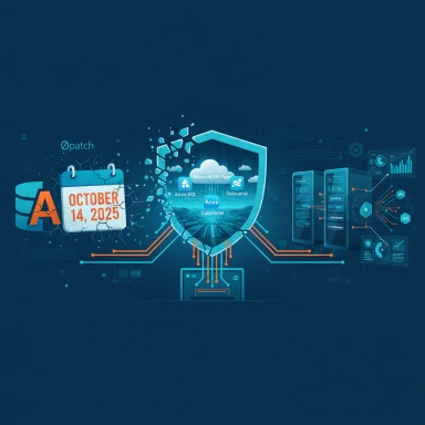 Futuristic tech illustration of cloud data, servers, and a patch date.