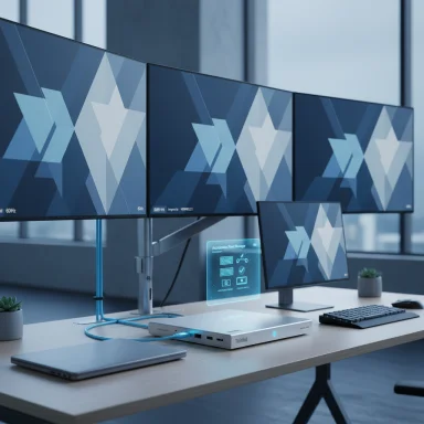 Futuristic multi-monitor workstation with a sleek docking hub and a floating holographic display.