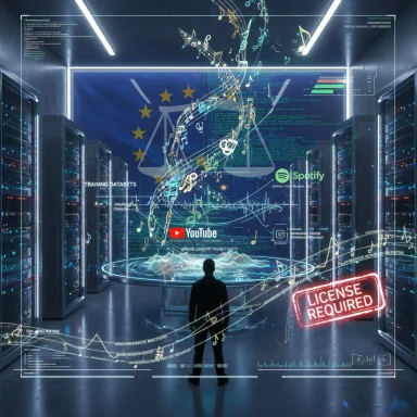 A lone figure in a neon data center watches holographic streams from YouTube and Spotify; license required.