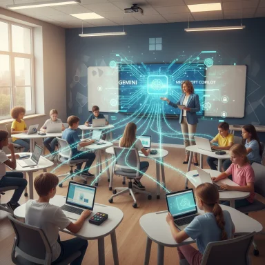 A teacher guides a futuristic AI-powered classroom with holographic data streams linking students' laptops.