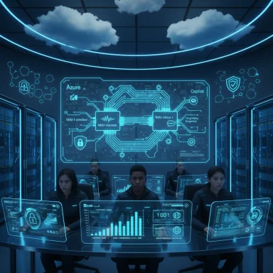 A futuristic command center with blue holographic displays and analysts monitoring data.