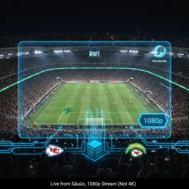 Night football match in a packed stadium, shown through a glowing futuristic 1080p broadcast overlay.