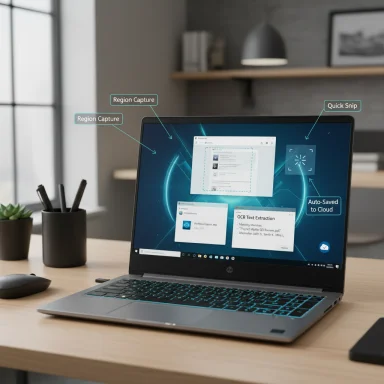 A laptop on a wooden desk shows region capture and OCR tools with cloud auto-save.