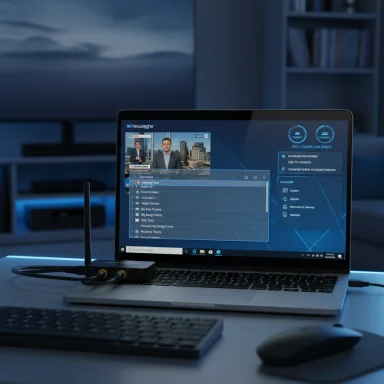 A laptop on a desk displaying a blue-themed news/desktop interface with a wireless adapter nearby.