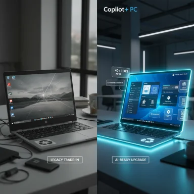 Split-screen shows a legacy trade-in laptop on the left and an AI-ready upgrade with holographic UI on the right.