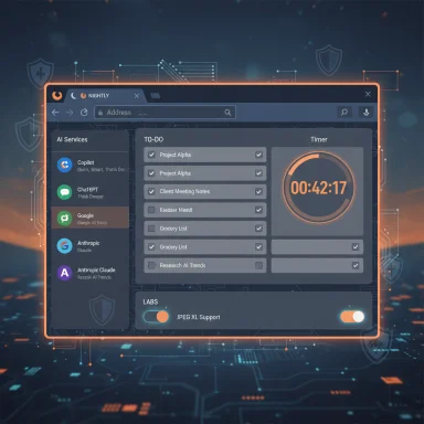 A futuristic UI dashboard displaying AI services, a to-do list, and a circular timer.