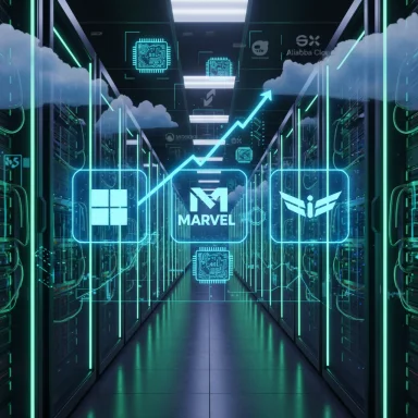 Futuristic data center corridor with neon blue holograms, featuring a Marvel logo and a rising growth graph.