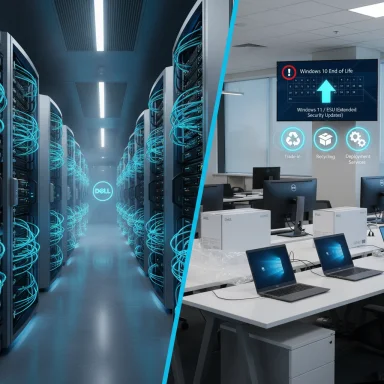 Split view of a Dell data center with glowing blue cables and a Windows 10 End of Life warning on a monitor.