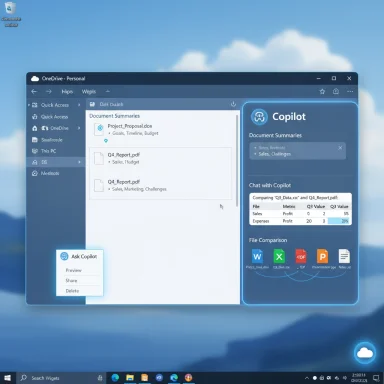 Windows desktop showing OneDrive UI with a Copilot panel on the right.