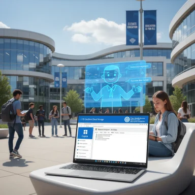 A blue holographic AI assistant hovers above a laptop on a modern university campus.