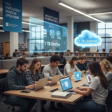 Students study on laptops in a library as holographic cloud storage icons show 1 TB OneDrive.