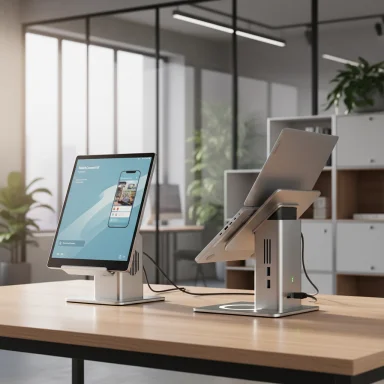 Modern office desk with a tablet and laptop on sleek metal stands.