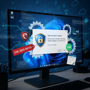 Monitor shows a User Account Control prompt amid cybersecurity graphics and a CVE-2025-50173 tag.