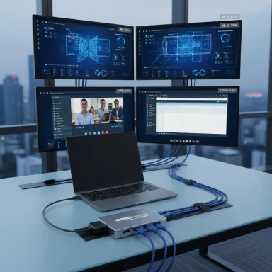 A four-monitor high-tech workstation with blueprints on the top screens and a laptop connected to a docking hub.