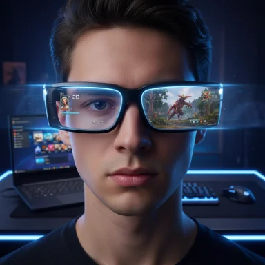 A young man wears futuristic AR glasses displaying a dragon game in a neon-lit gaming setup.