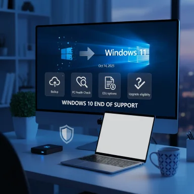 Windows 11 upgrade screen on a desktop monitor with icons for Backup, Health Check, ESU options, and eligibility.