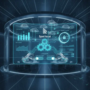 Futuristic control room with a holographic AI dashboard and robotic arms in blue neon.