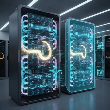 Futuristic data center with glowing server racks and neon cables.