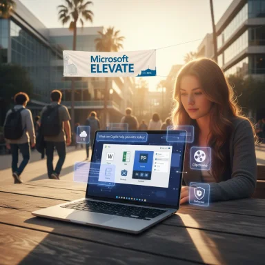 Young woman uses a holographic laptop UI outdoors at a Microsoft Elevate event.