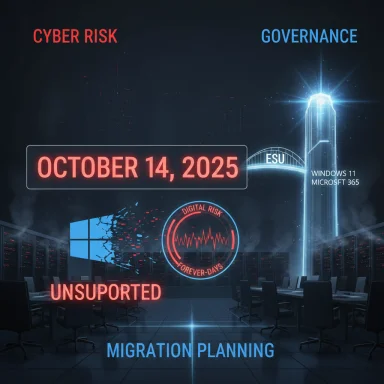 Neon cyber-risk visualization highlighting governance and migration planning for October 14, 2025.