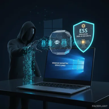 Hooded hacker breaches a laptop with biometric security and ESS shield.