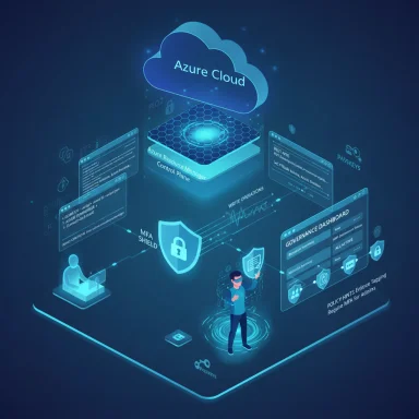 Azure Cloud with security shields and governance dashboards.