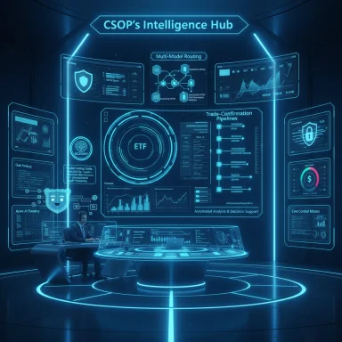 Futuristic command hub with holographic screens labeled 'CSOP's Intelligence Hub' and an analyst at a circular desk.